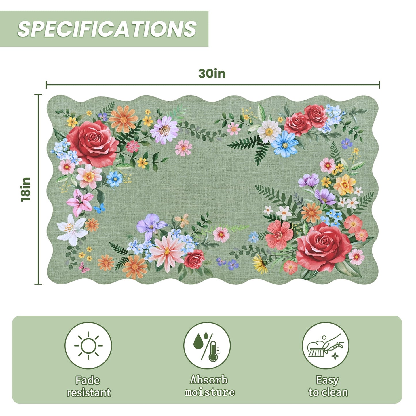 BLEUM CADE Spring Door Mat Low Profile Welcome Mat,Non Slip Rubber Backing Outside Door Mats Green Floral for Front Door,Patio,Entryway,18" x 30"