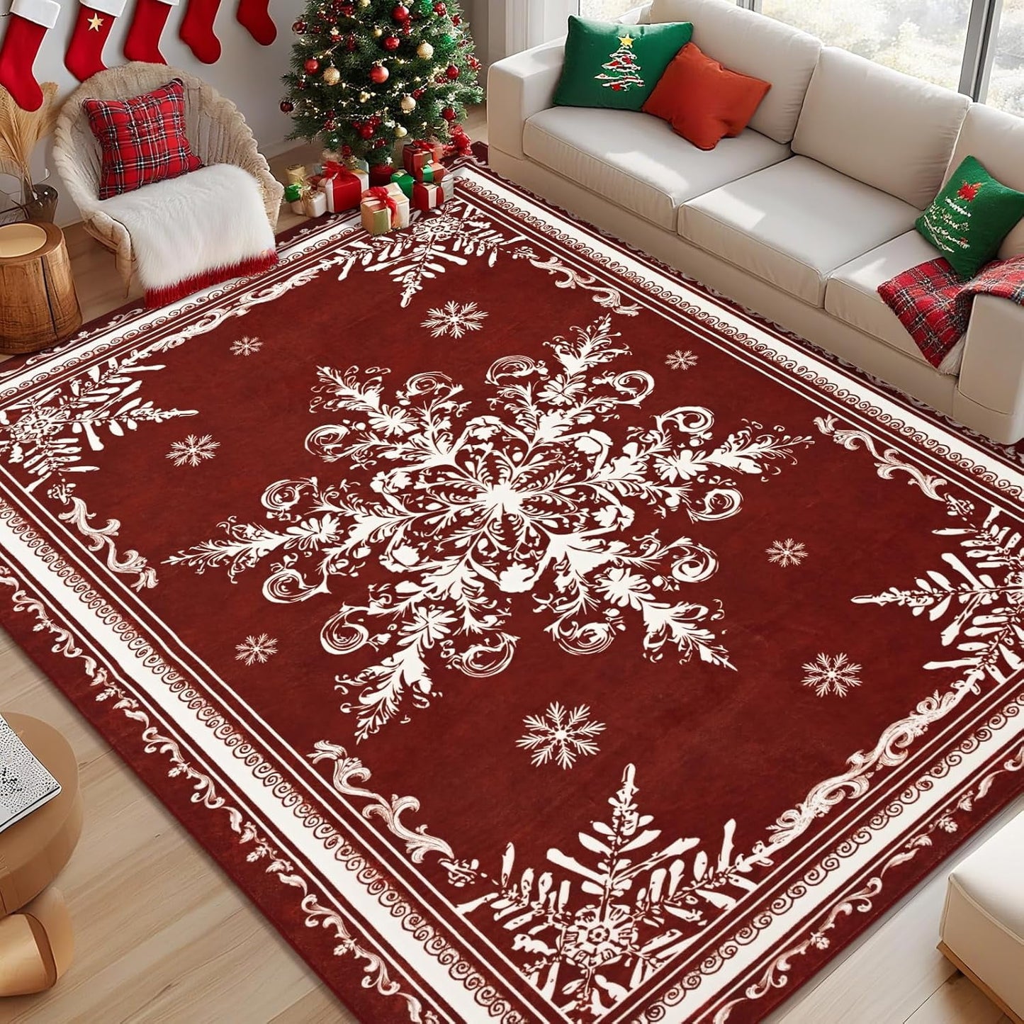 BLEUM CADE Christmas Snowflake 3x5 Area Rugs for Living Room,Non Slip Washable Rugs Low Pile Floor Mat Carpet,Holiday Christmas Decorations,Red