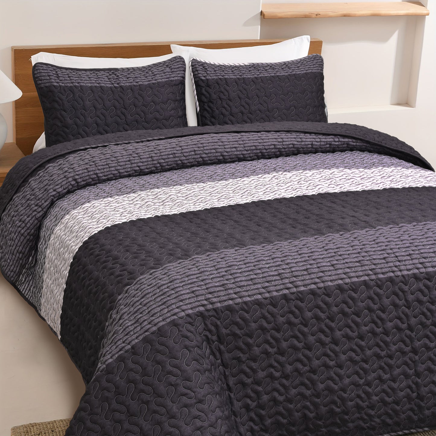 BLEUM CADE 3 Piece Twin Quilt Set with 1 Pillow Shams,Purple Gray Lightweight Bedspread for All-Season,Handblock Striped Reversible Quilt Coverlet for Twin Bed