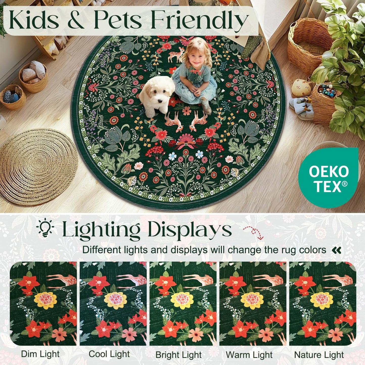 Bleum Cade Round Rugs 6ft Floral Area Rug for Living Room Green Washable Rug Non Slip Soft Low Pile Faux Wool Botanical Throw Rugs for Bedroom, Dining Room, Nursery, Home Decor