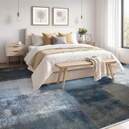 Bleum Cade 9x12 Abstract Area Rugs for Living Room, Patchwork Modern Geometric Rug Non Slip, Washable Soft Bedroom Rug Stain Resistant, Indoor Rugs Low Pile Carpet for Dining Room,Blue