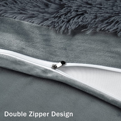 BLEUM CADE Luxury Fluffy Fuzzy Queen Bedding Comforter Set,4 Pieces Shaggy Duvet Cover Set,Furry Plush Velvet Comforter Cover with Zip Closure,Queen,Dark Grey