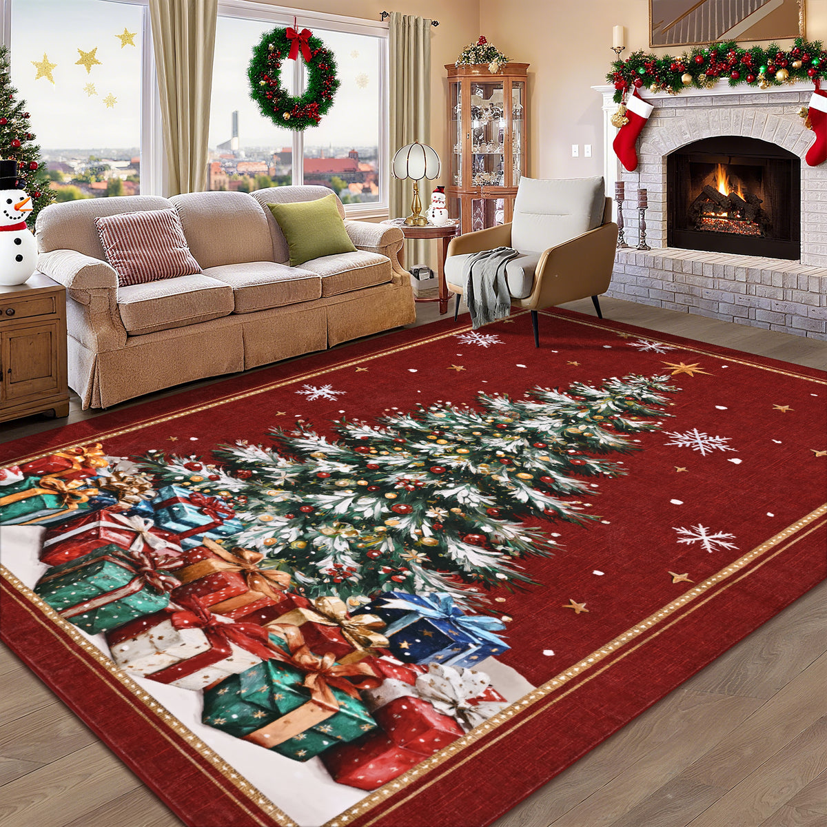 BLEUM CADE 8'x10' Christmas Tree Area Rugs for Living Room, Winter Red Washable Rugs for Bedroom Dinning Room, Ultra Soft Non Slip Durable Large Carpet Christmas Decorations