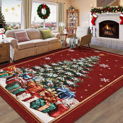 BLEUM CADE 8'x10' Christmas Tree Area Rugs for Living Room, Winter Red Washable Rugs for Bedroom Dinning Room, Ultra Soft Non Slip Durable Large Carpet Christmas Decorations