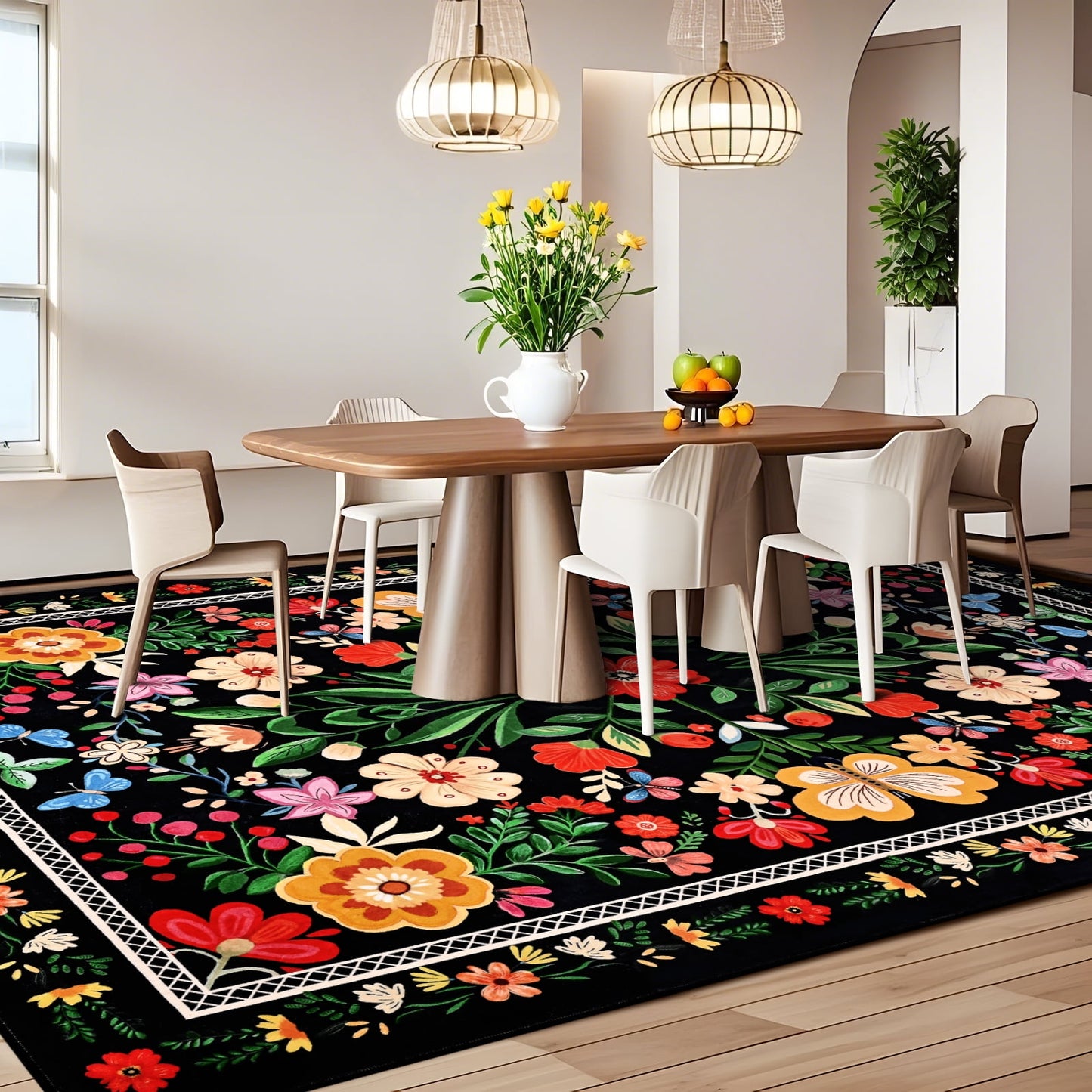 Bleum Cade 8'x10' Area Rugs for Living Room, Washable Rugs Modern Rugs for Bedroom Dinning Room,Boho Floral Rug Ultra Soft Non Slip Durable Large Carpet Home Decor, Black