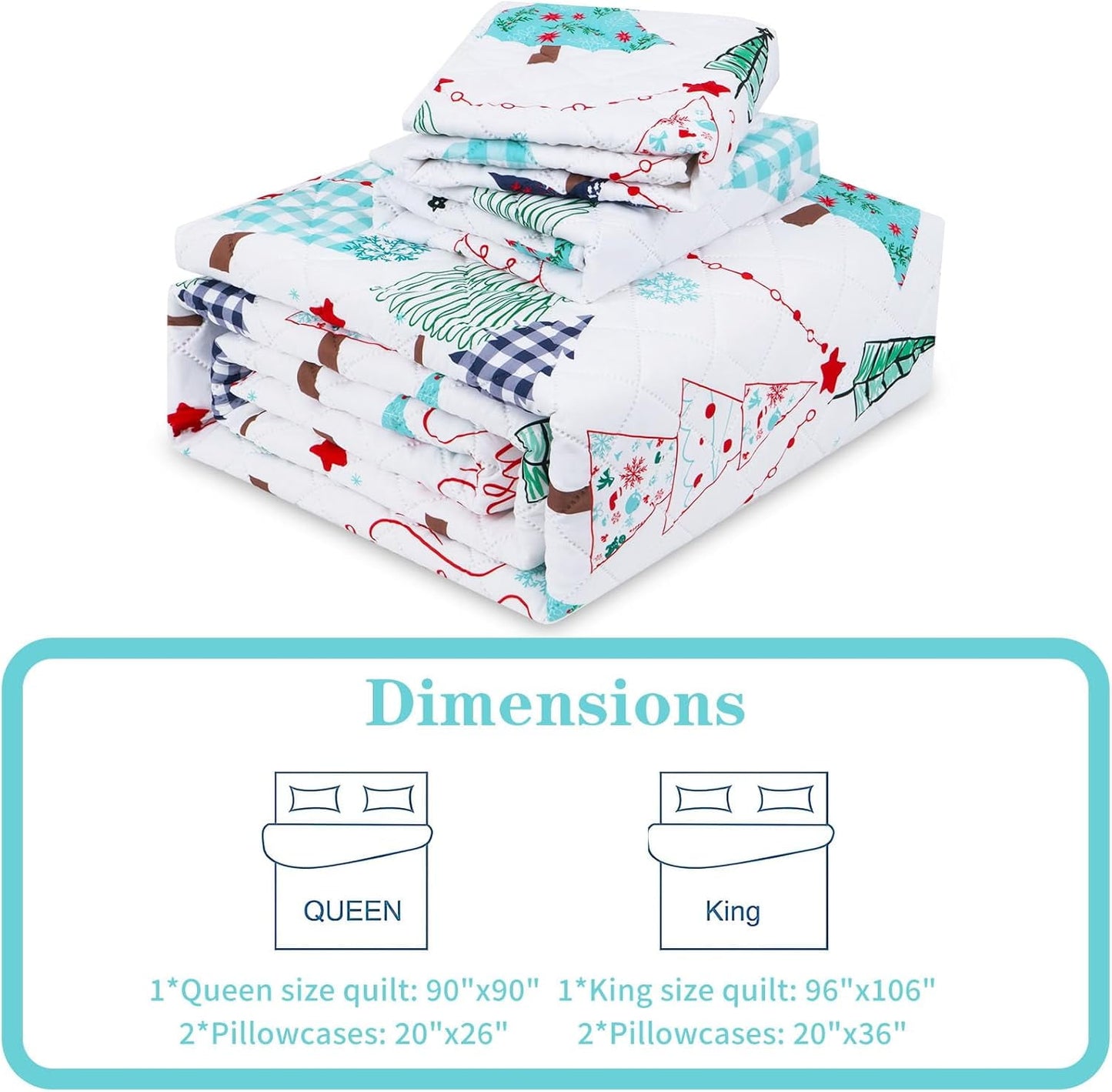 BLEUM CADE Christmas Quilt Set Queen Size, 3 Pieces Holiday Reversible Bedding Set Christmas Trees Snowflakes Quilt Set Soft Lightweight Merry Christmas Bedspread Coverlet Set Queen