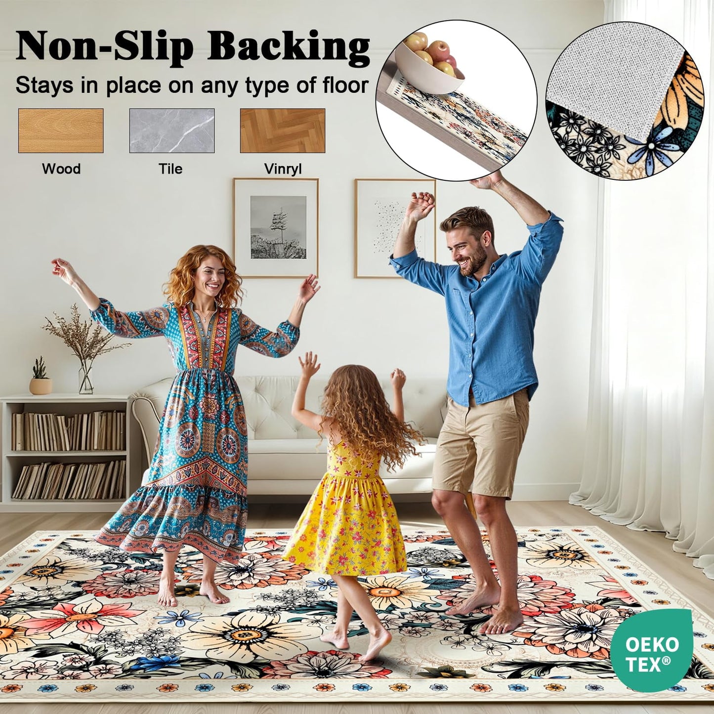 Bleum Cade Floral Area Rugs for Living Room 5x7, Boho Washable Rug, Soft Faux Wool Indoor Rug Carpet for Bedroom, Dining Room,White