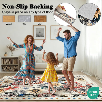 Bleum Cade Floral Area Rugs for Living Room 8x10, Boho Washable Rug, Soft Low Pile Faux Wool Non Slip Indoor Rug Carpet for Bedroom, Dining Room,White