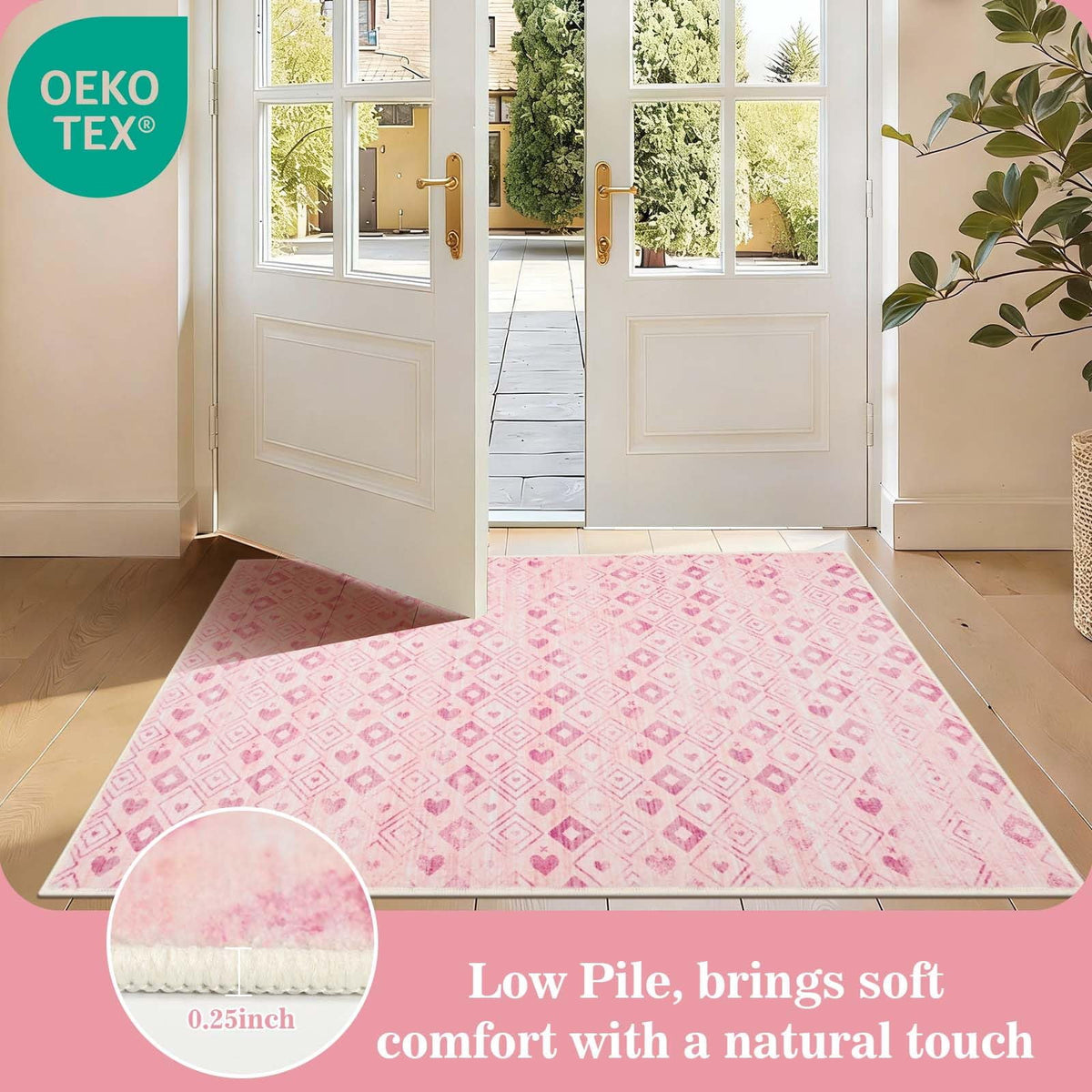 Bleum Cade 2'x3' Washable Entry Rug, Super Soft Low Pile Non-Slip Outdoor Indoor Pink Love Hearts Door Mat for Kitchen, Laundry Entryway, Bathroom, Mother's Day Ideal Gift for Mom