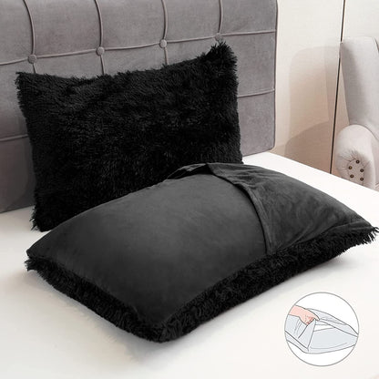 BLEUM CADE Luxury Fluffy Fuzzy King Bedding Comforter Set,3 Pieces Shaggy Duvet Cover Set,Furry Plush Velvet Comforter Cover with Zip Closure,King,Black