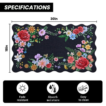 BLEUM CADE Spring Door Mat Low Profile Welcome Mat,Non Slip Rubber Backing Outside Door Mats Black Floral for Front Door,Patio,Entryway,18" x 30"