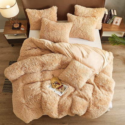 BLEUM CADE Luxury Fluffy Fuzzy King Bedding Comforter Set,4 Pieces Shaggy Duvet Cover Set,Furry Plush Velvet Comforter Cover with Zip Closure,King,Camel