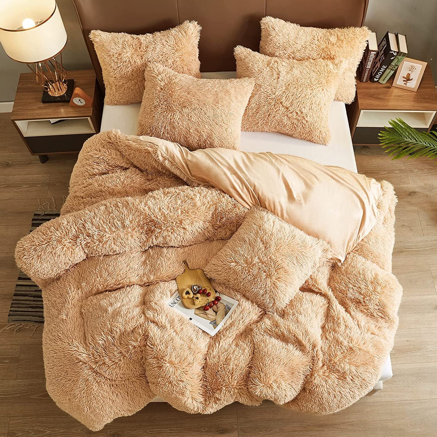 BLEUM CADE Luxury Fluffy Fuzzy King Bedding Comforter Set,4 Pieces Shaggy Duvet Cover Set,Furry Plush Velvet Comforter Cover with Zip Closure,Queen,Camel