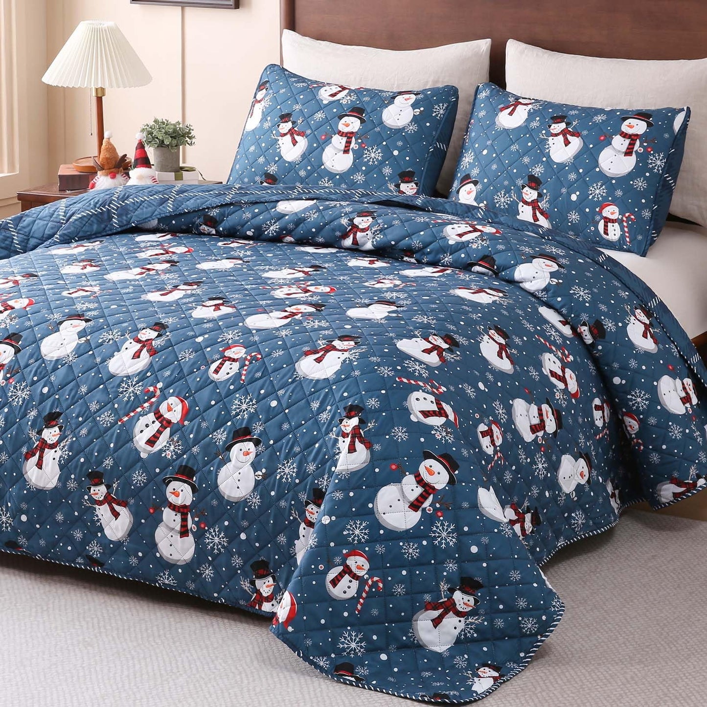 BLEUM CADE Christmas Quilts Sets Queen Size,3 Pieces Christmas Snowman Quilt Bedding Set, Reversible Blue Buffalo Plaid Comforter Sets, Christmas Tree Soft Lightweight Xmas Bedspread Coverlet,90"x90"