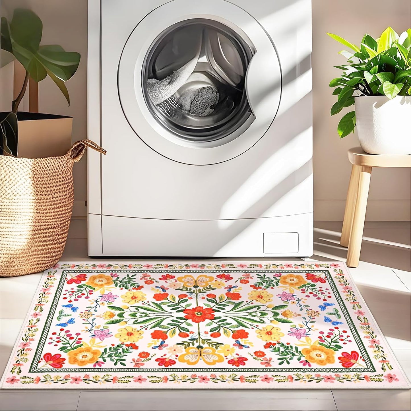 Bleum Cade Area Rugs for Doormat 2X3,Spring Boho Floral Rug, Machine Washable Non Slip Welcome Mat, Low Pile Carpet for Entryway, Kitchen, Front Door Indoor Entrance,Beige