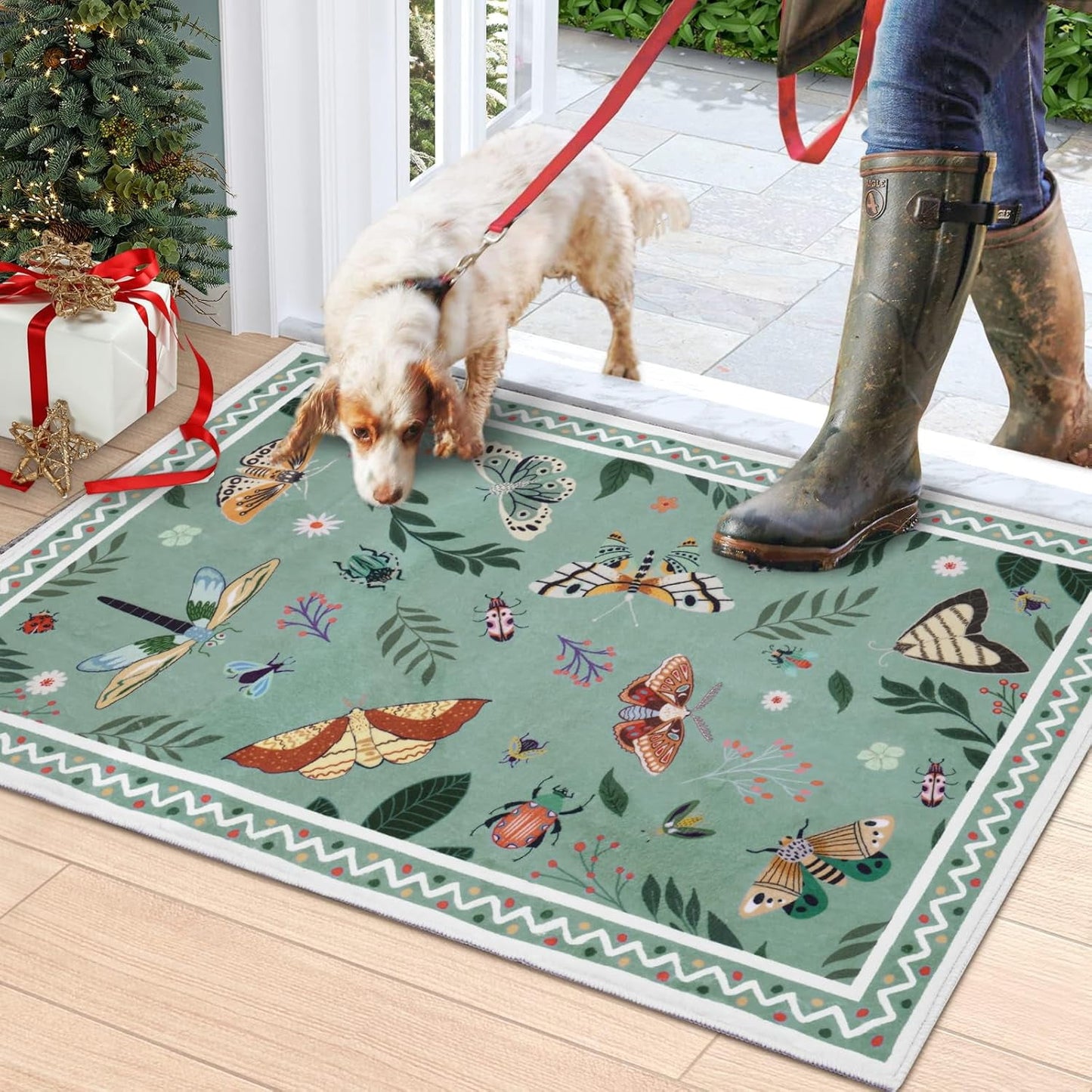 Bleum Cade Boho Floral Area Rugs 2x3 Door Mat Entryway Rug,Machine Washable Foldable Non Slip Outdoor Indoor Welcome Mat,Green