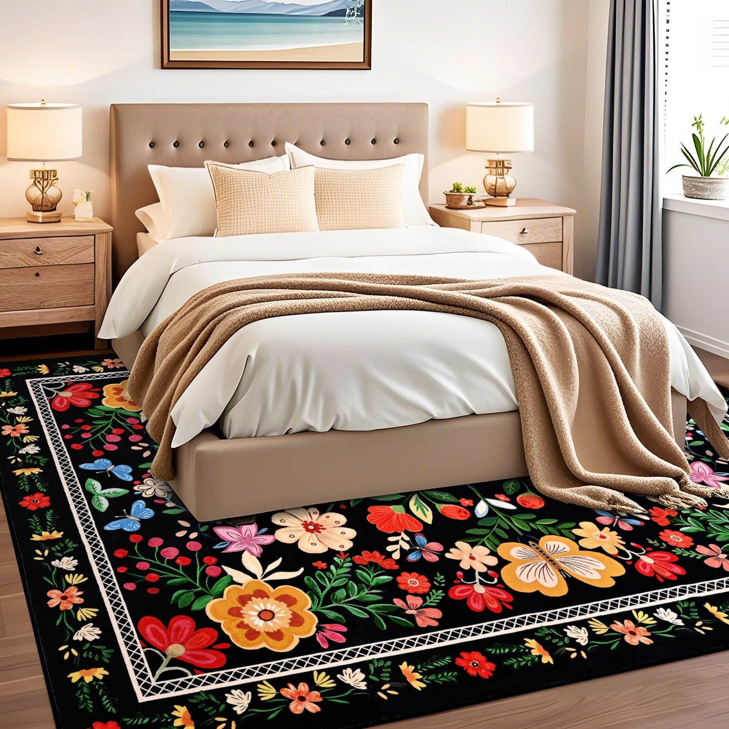 Bleum Cade 8'x10' Area Rugs for Living Room, Washable Rugs Modern Rugs for Bedroom Dinning Room,Boho Floral Rug Ultra Soft Non Slip Durable Large Carpet Home Decor, Black