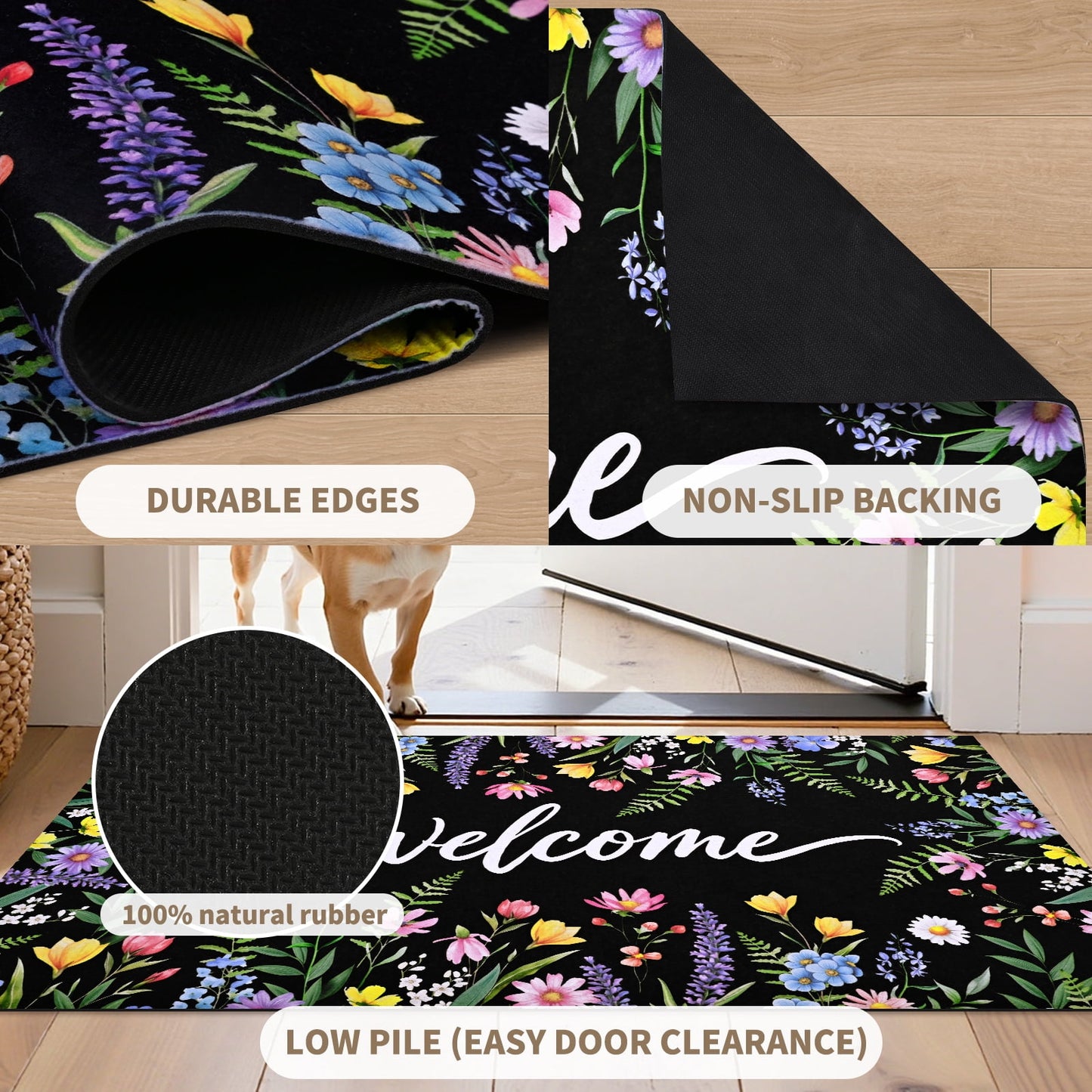 BLEUM CADE Flower Door Mat 18" x 30" Low Profile Outdoor Doormats Non Slip Rubber Backing Welcome Mat for Outdoor Front Porch Patio