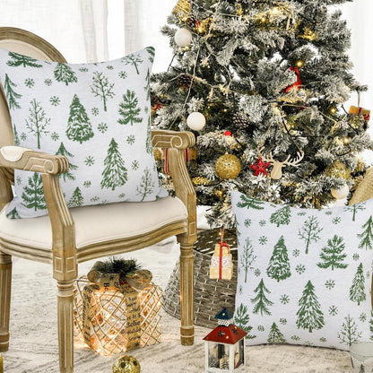 BLEUM CADE 2 Pack Christmas Throw Pillow Covers 18 x 18 inches Chenille Green Xmas Tree Pillowcases for Sofa Couch