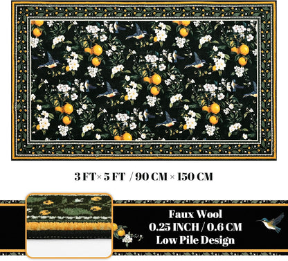 BLEUM CADE Vintage Floral Area Rug 3x5 Hummingbird Washable Non Slip Rug Foldable Low Pile Lemon Carpet for Living Room,Black