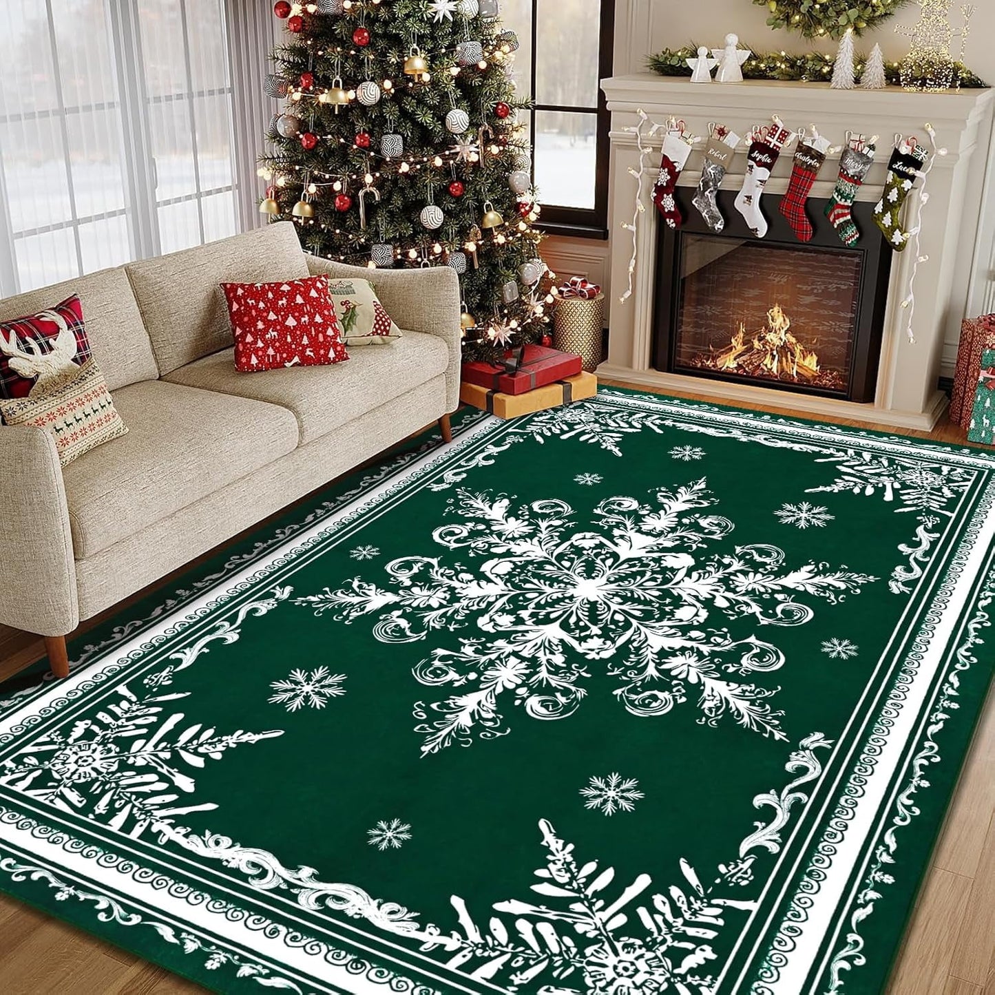BLEUM CADE Christmas Snowflake 5'x7' Area Rugs for Living Room, Washable Rugs for Bedroom Dinning Room,Ultra Soft Non Slip Durable Large Carpet Christmas Decorations,Green