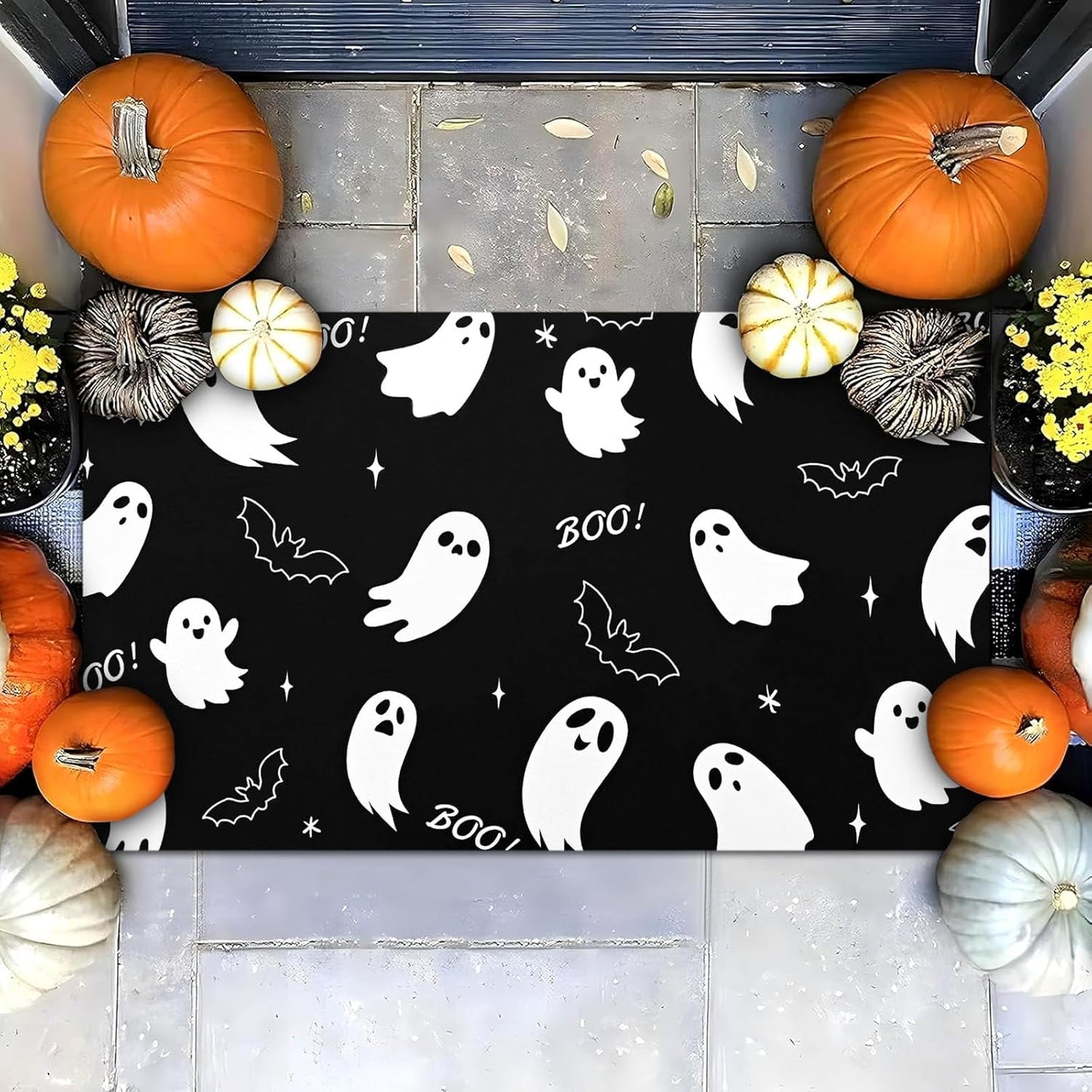 BLEUM CADE Halloween Welcome Mat Ghost Bat Outdoor Doormat,Non Slip Low Profile Entrance Mat for Outside Patio,18 x 30 inches