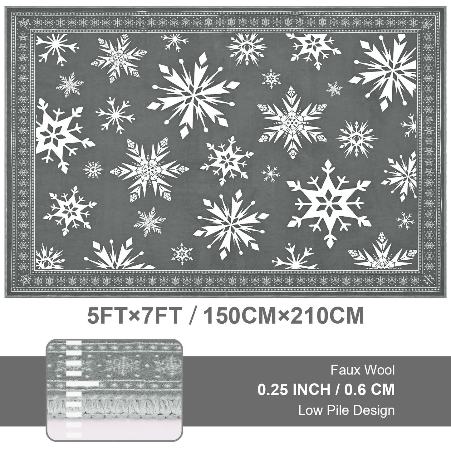 Bleum Cade Christmas Snowflake 5'x7' Area Rugs for Living Room,Gray Washable Rugs for Bedroom Dinning Room,Soft Low Pile Rug,Non Slip Durable Large Carpet for Christmas Decorations