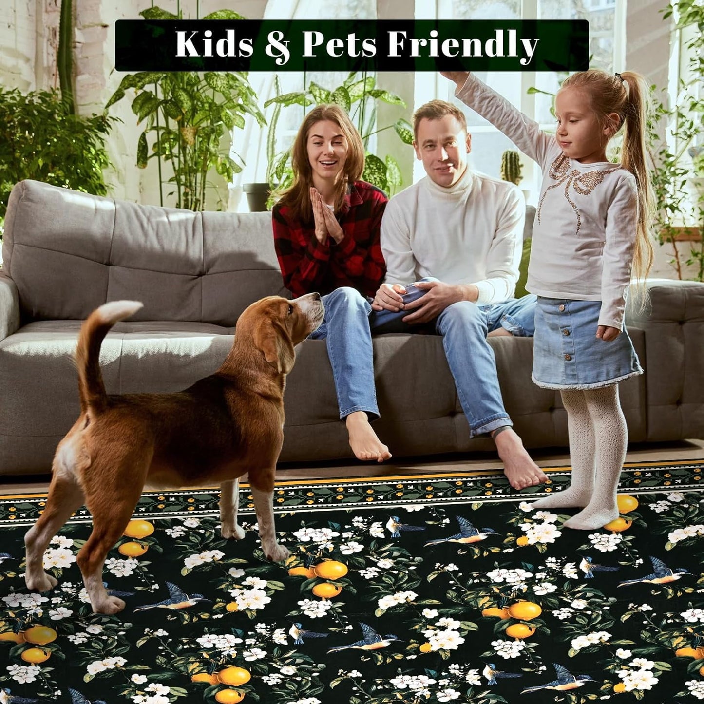BLEUM CADE Vintage Floral Area Rug 3x5 Hummingbird Washable Non Slip Rug Foldable Low Pile Lemon Carpet for Living Room,Black