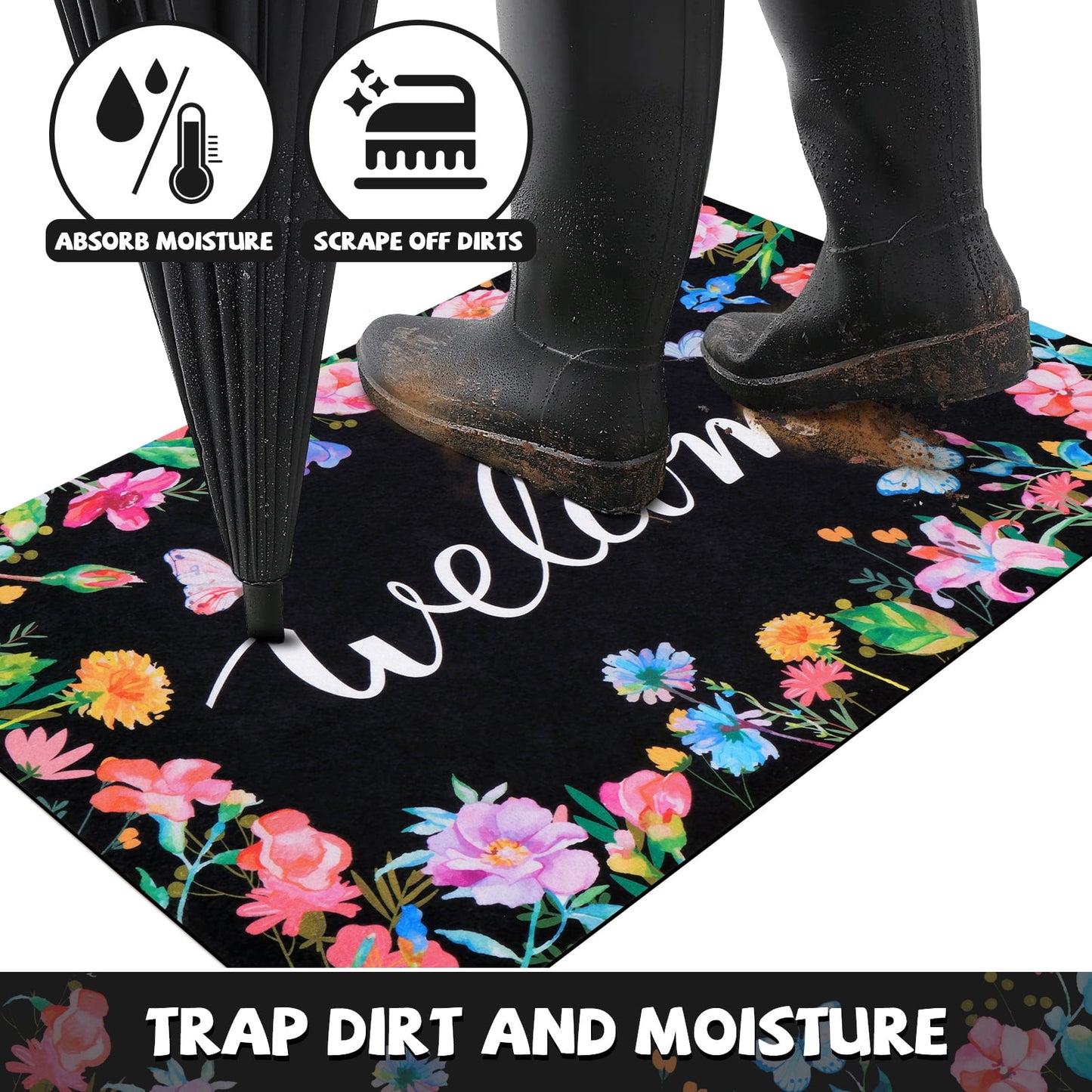 BLEUM CADE Spring Welcome Mat for Outside,Floral Non Slip Outdoor Door Mat,Low Profile Entrance Doormat for Patio