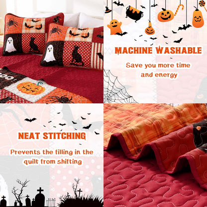 Bleum Cade Halloween 3 Pieces Quilt Set,Ghost Pumpkin & Black Cat Patchwork Bedding Set,Soft Lightweight Bedspread Coverlet Set Queen Size(Black & Red,90"x 90")