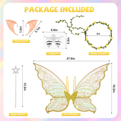 BLEUM CADE Fairy Wings for Adults and Girls,Fairy Costume Set with Floral Garland, Wand & Elf Ears, Organza Butterfly Wings Ideal for Halloween,Cosplay,Party,Golden