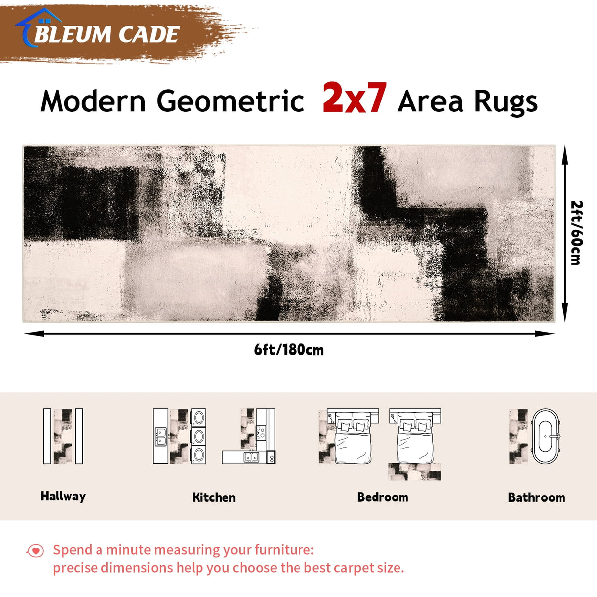 Bleum Cade Modern Abstract Patchwork Indoor Runner Rug for Living Room, 2'x 6' Rug, Throw Carpet for Office Entryway Dining Room,Chocolate