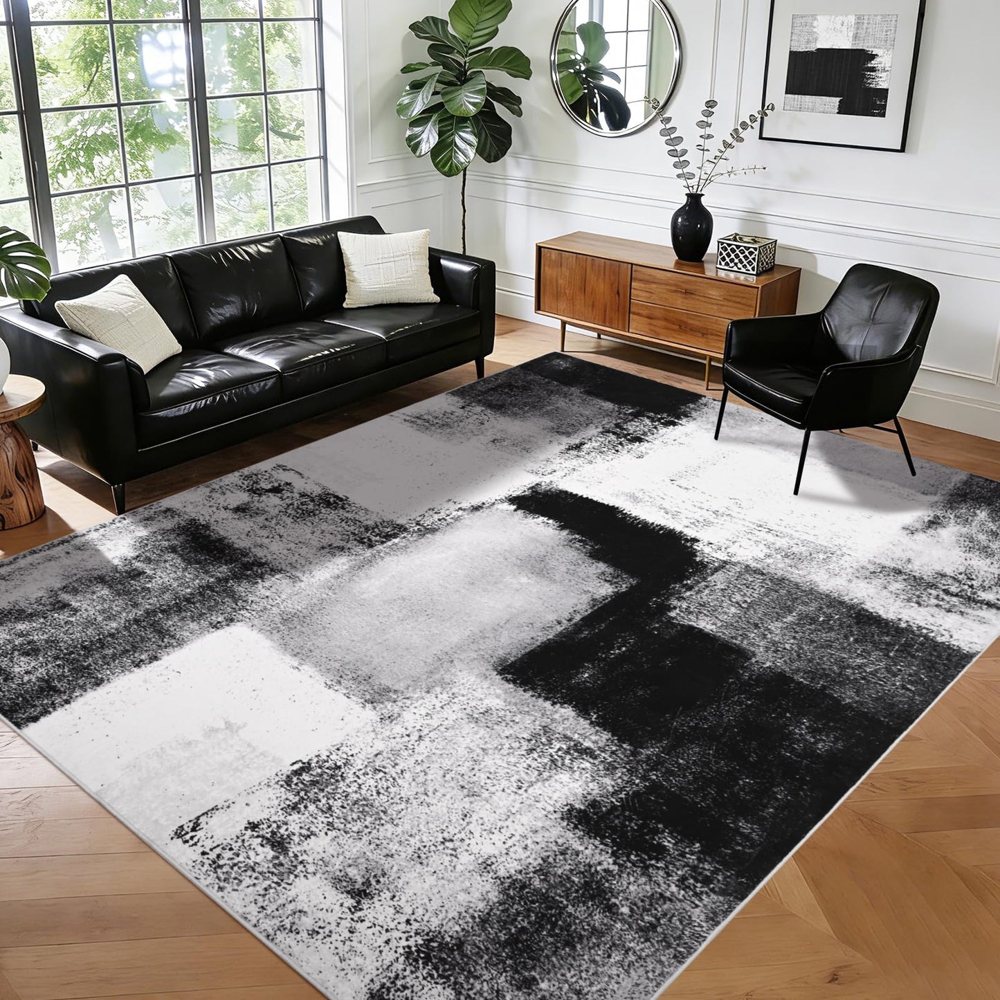 Bleum Cade 9x12 Abstract Area Rugs for Living Room, Patchwork Modern Geometric Rug Non Slip, Washable Soft Bedroom Rug Stain Resistant, Indoor Rugs Low Pile Carpet for Dining Room,Black