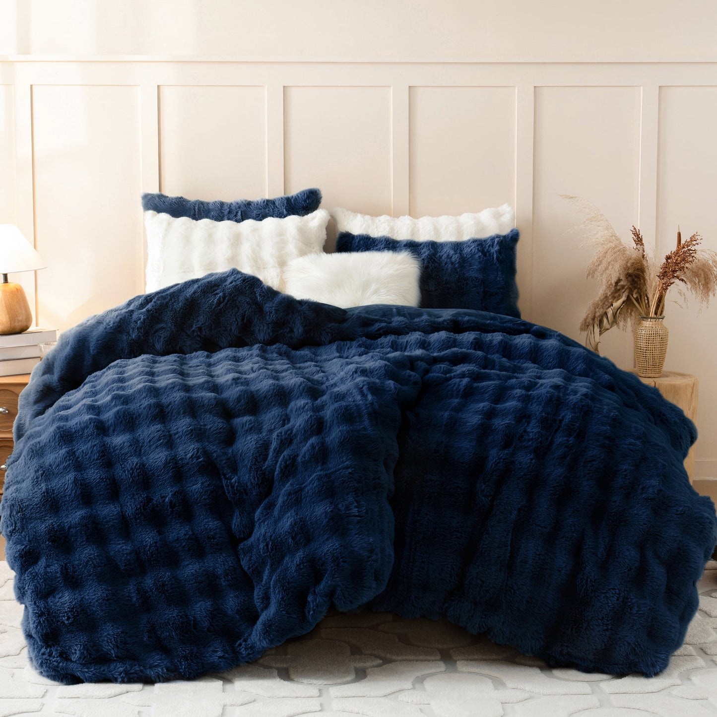 BLEUM CADE 3 Piece Fluffy Comforter Set King Size,Fuzzy Soft Faux Rabbit Fur Bedding Set,Shaggy Plush Duvet Cover Set with 2 Pillowcases,Navy Blue