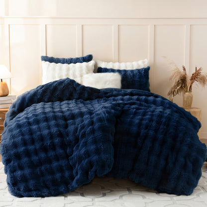 BLEUM CADE Fluffy Duvet Cover Set Queen Size,3 Pieces Soft Shaggy Rabbit Fluff Plush Bedding Comforter Cover Set with 2 Pillowcases,Navy Blue