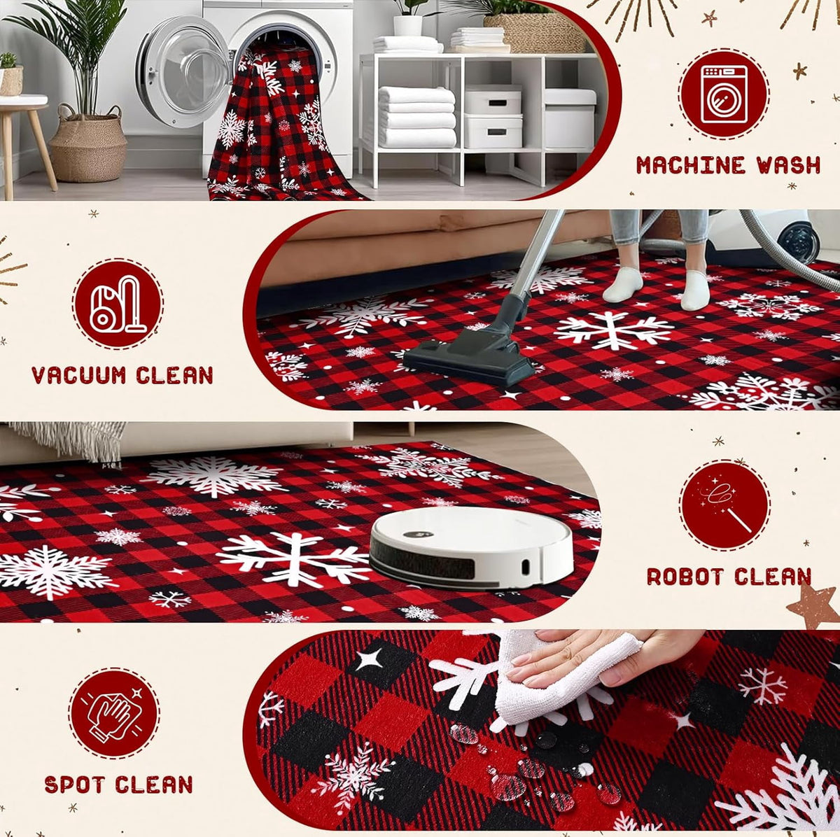 Bleum Cade 8'x10' Christmas Snowflake Area Rugs for Living Room, Washable Rugs for Bedroom Dinning Room,Red Buffalo Plaid Rug Ultra Soft Non Slip Durable Large Carpet Home Decor
