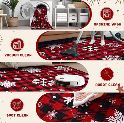 Bleum Cade 8'x10' Christmas Snowflake Area Rugs for Living Room, Washable Rugs for Bedroom Dinning Room,Red Buffalo Plaid Rug Ultra Soft Non Slip Durable Large Carpet Home Decor