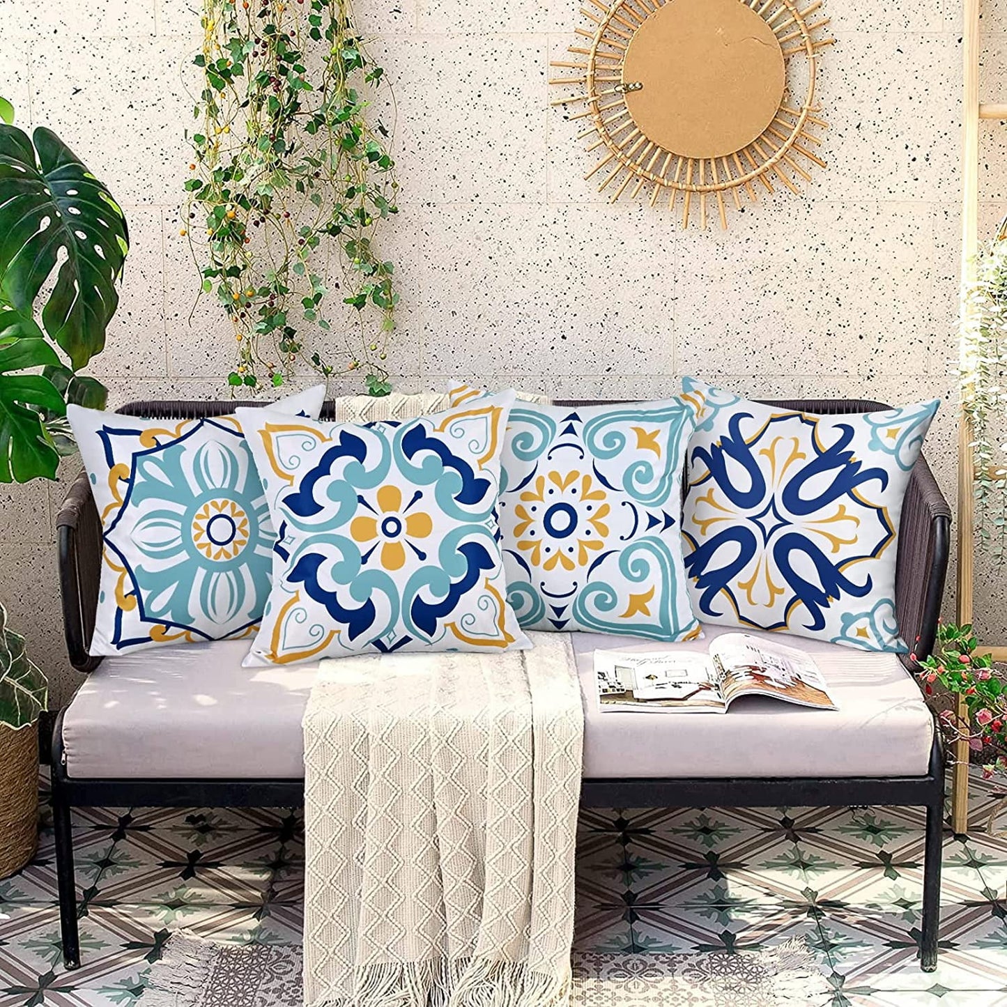 BLEUM CADE Set of 4 Floral Throw Pillow Covers, Outdoor Decorative Pillow Covers, Waterproof Cushion Cover for Couch Bed,18"x18"
