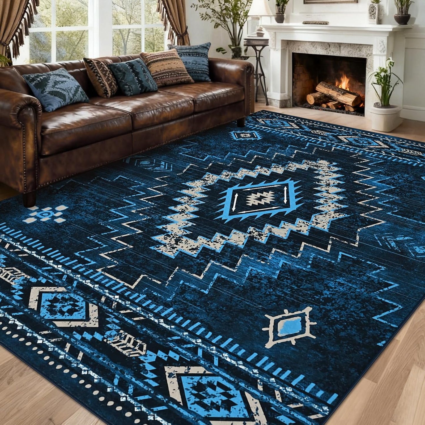 Bleum Cade Western 8x10 Rugs for Living Room, Moroccan Washable Rugs for Bedroom, Non-Slip Boho Indoor Rug, Soft Low Pile Stain Resistant Geometric Floor Large Carpet Home Decor,Blue