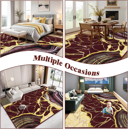Bleum Cade 5'x7' Area Rugs for Living Room, Marble Swirl Abstract Rug Ultra Soft Washable Rugs for Bedroom, Anti Slip Durable Carpet Home Decor for Dining Room,Red Gold
