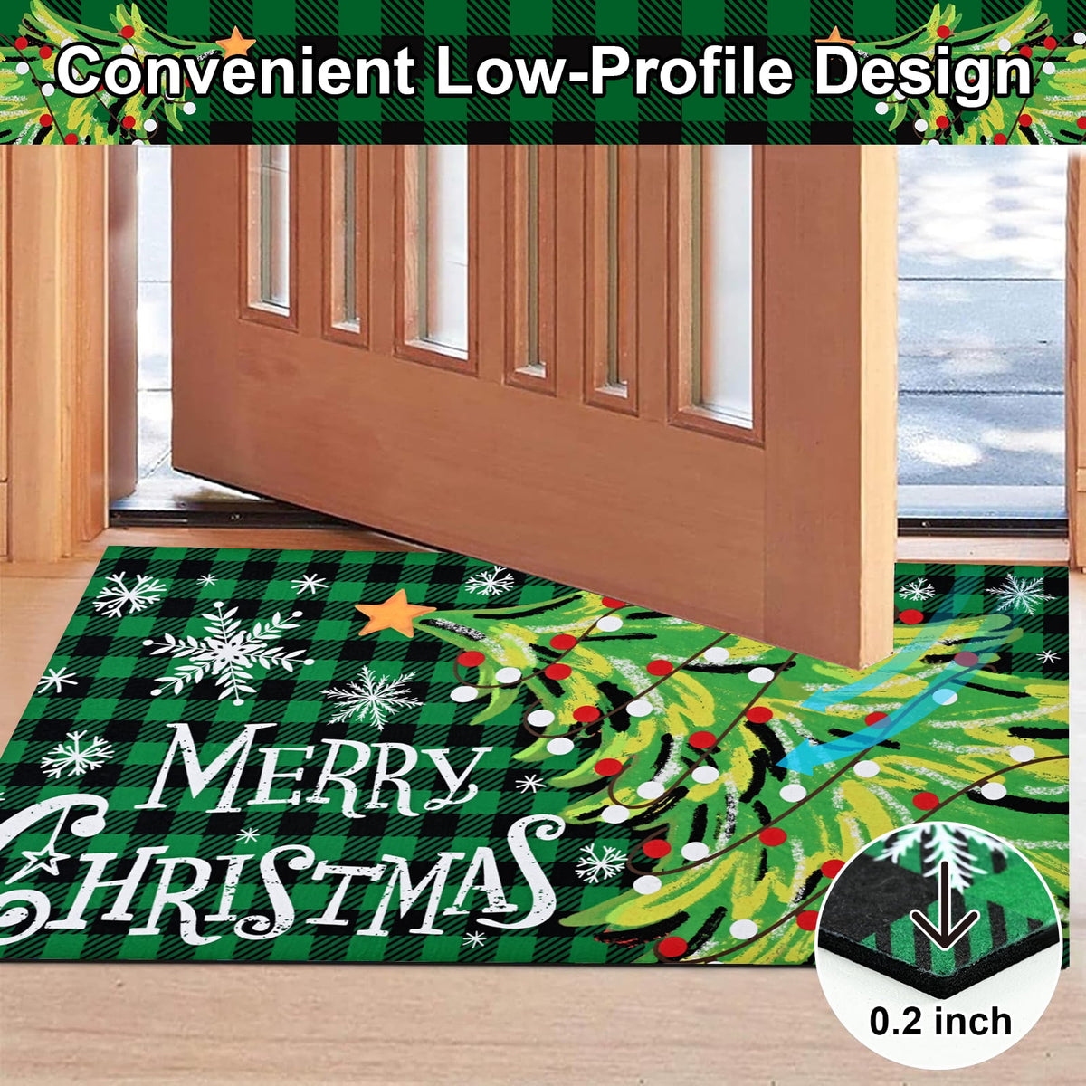 BLEUM CADE Christmas Welcome Mat,Christmas Tree Outdoor Door Mat Outside for Front Door,Non-slip Rubber Backing Doormat,Low-Pile Mat for Entrance,18 x 30 in,Black