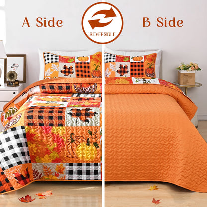 BLEUM CADE 3 Pieces Fall Quilt Set King Size, Thanksgiving Pumpkin Maple Leaves Plaid Bedding Set , Soft Lightweight Bedspread Coverlet Set King