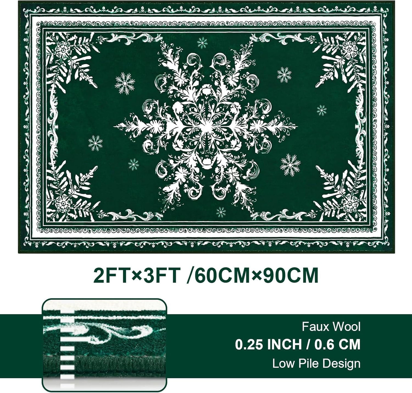 BLEUM CADE Christmas Snowflake Area Rugs 2x3 Door Mat, Non Slip Washable Entryway Rug Outdoor Indoor Welcome Mat for Entrance,Christmas Decorations,Green