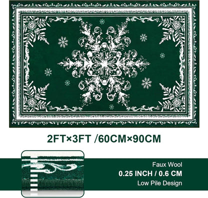 BLEUM CADE Christmas Snowflake Area Rugs 2x3 Door Mat, Non Slip Washable Entryway Rug Outdoor Indoor Welcome Mat for Entrance,Christmas Decorations,Green