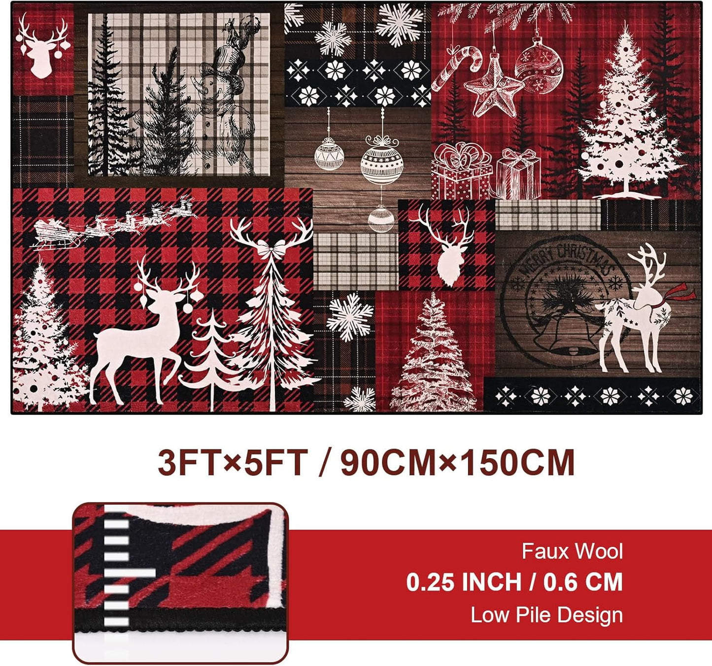 BLEUM CADE Christmas Area Rug 3x5 Rugs for Bedroom,Soft Low Pile Washable Rug,Xmas Tree Snowflake Non Slip Throw Rugs Winter Elk Christmas Carpet for Holiday Decor