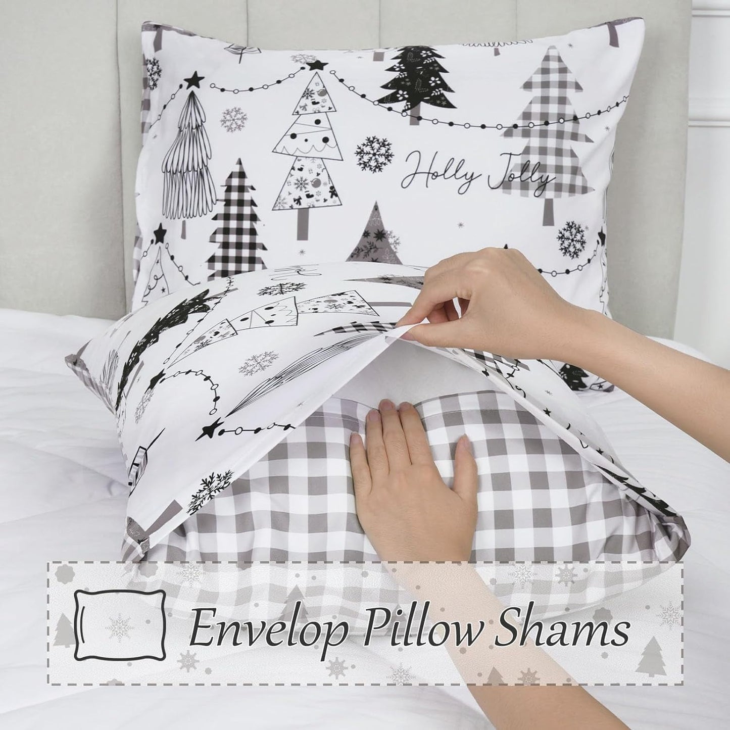 BLEUM CADE 3 Pieces Christmas Duvet Cover Set,Queen Size Christmas Tree Lightweight Comforter Cover Set,Reversible Christmas Snowflake Bedding Cover Quilt Set