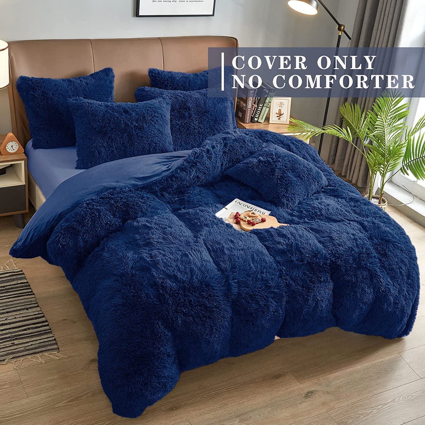 BLEUM CADE Luxury Fluffy Fuzzy King Bedding Comforter Set,4 Pieces Shaggy Duvet Cover Set,Furry Plush Velvet Comforter Cover with Zip Closure,King,Navy Blue
