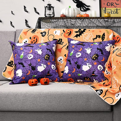 BLEUM CADE Halloween Pillow covers 18 x 18 inches Set of 2,Pumpkin Ghost Spider Web Halloween Decor,Purple