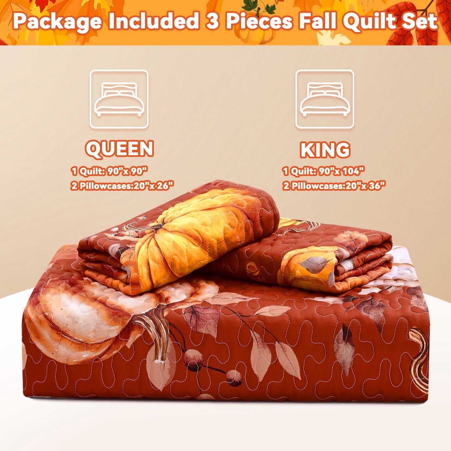 Bleum Cade 3 Pieces Fall Pumpkin King Quilt Set,Autumn Harvest Maple Leaves Bedding Set,Soft Lightweight Thanksgiving Decor Coverlet Set for King Bed,(Brown,90"x 104")