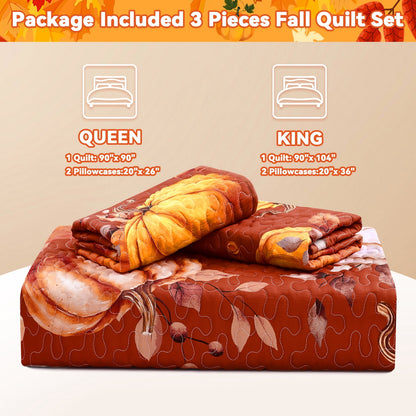 Bleum Cade 3 Pieces Fall Pumpkin King Quilt Set,Autumn Harvest Maple Leaves Bedding Set,Soft Lightweight Thanksgiving Decor Coverlet Set for King Bed,(Brown,90"x 104")